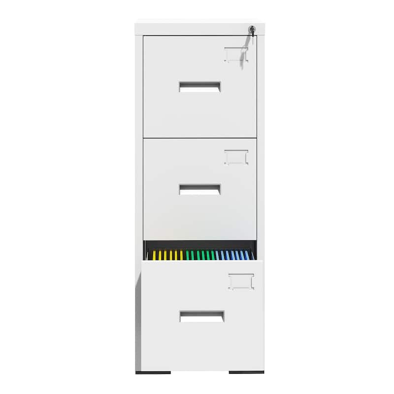 Modern Narrow File Cabinet Vertical Filing Cabinet with 3 Drawers, Locks and Card Slots, for Home Office, White
