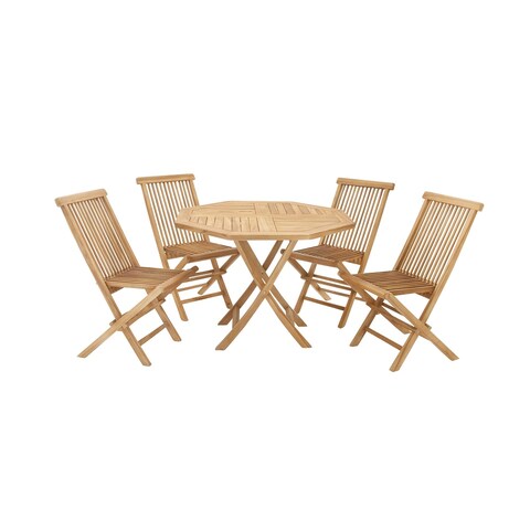 Brown Teak Wood Traditional Indoor/Outdoor Hexagonal Dining Table Set (Set of 5 Pieces)