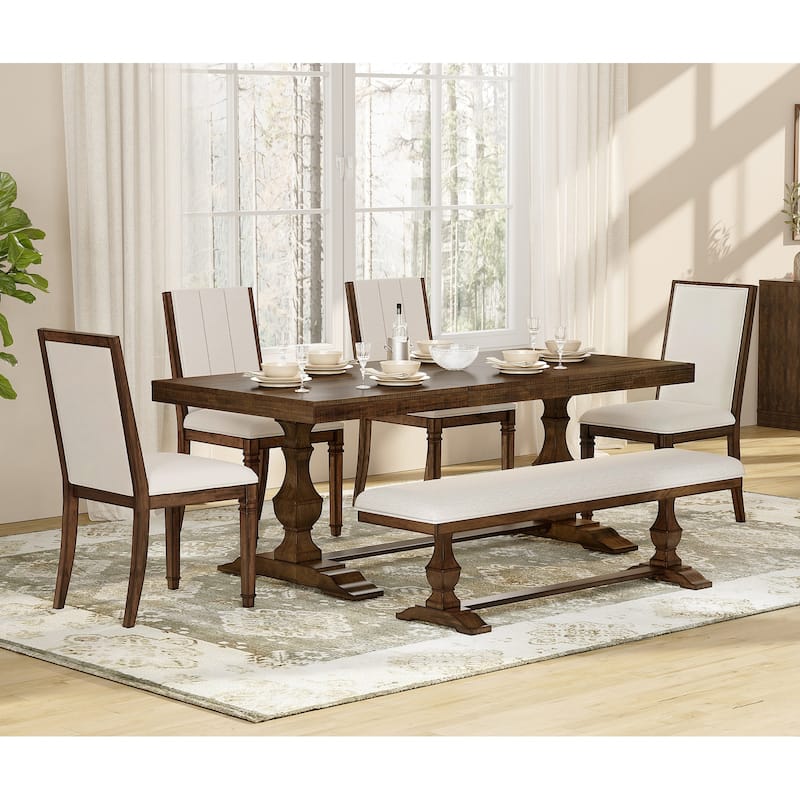 6-pieces Farmhouse Dining Table for 6, 74.8" Kitchen Table Set with 4 Chairs and Bench, Solid Wood Legs and Cushion Seat