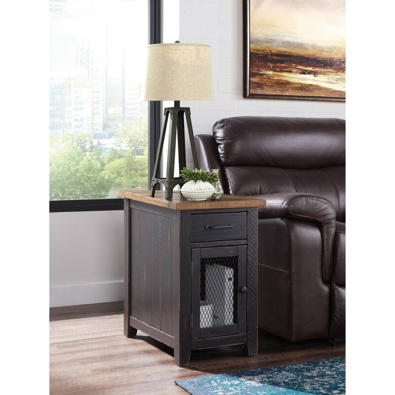 Rustic Solid Wood Chairside End Table with Hidden Charging Station - Antique Black and Honey