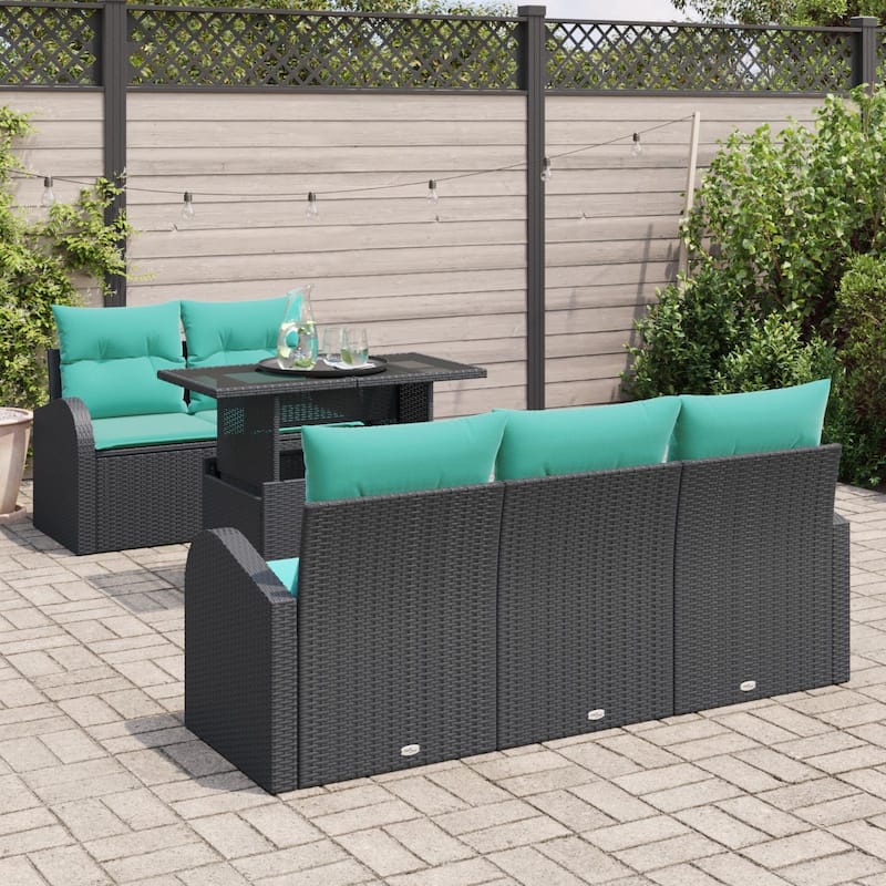 vidaXL 6 Garden Sofa Set with Cushions Black/Brown/Grey Poly Rattan - 70.5 x 24.4 x 27.2