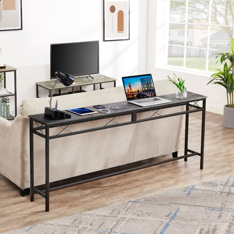 VECELO Industrial Rectangular Console Table with AC Power and USB Charging Ports Multi-Purpose Metal Console Table for Entryway