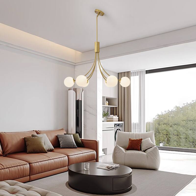 Mid - Century Modern 6 - Light Gold Sputnik Chandelier with White Glass Globes - Brushed Gold