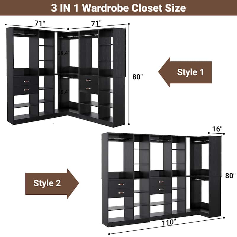 Set of 3 Corner Closet System with Tower Shelves, Closet Organizer with Drawers and Hanging Rods