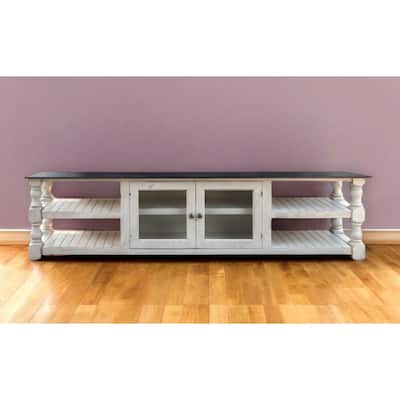 HomeRoots 93" Gray and Ivory Solid Wood Cabinet Enclosed Storage Distressed TV Stand - 92.5' X '27' X '15.75