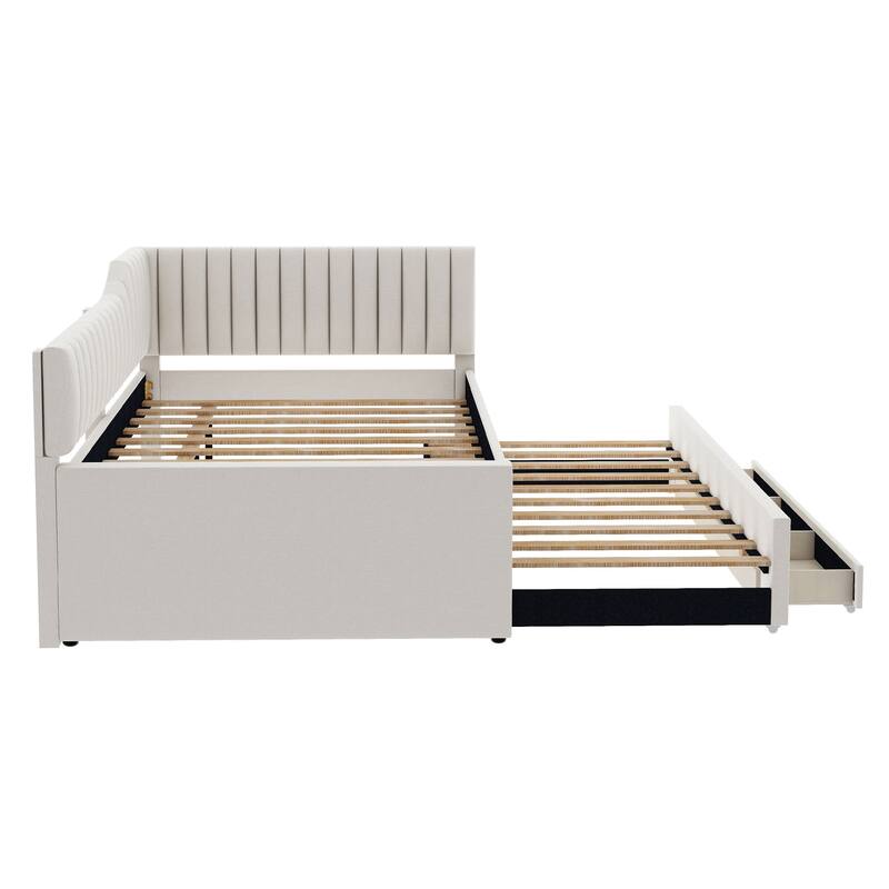 Upholstered Linen Bed Frame, Full Size Daybed with Pull-out Trundle and Storage Three Drawers for Bedroom/Apartment