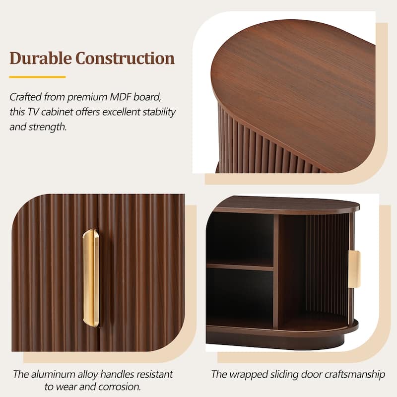 Farmhouse Wooden TV Stand with Sliding Tambour Door for TVs up to 75", Fluted Media Console with Adjustable Storage