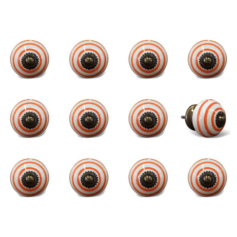 HomeRoots Set of Twelve Orange And White Geometric Ceramic Drawer Pull Knobs - 1.5" x 1.5" x 1.5"