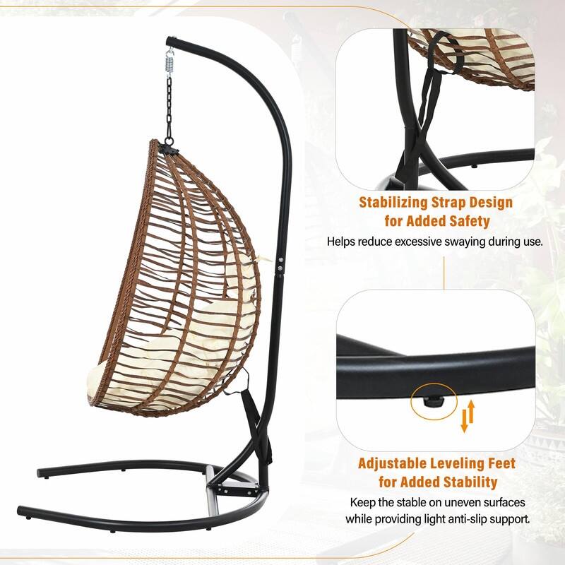 Indoor Outdoor Hanging Hammock Chair with Stand, Foldable Rattan Egg Swing Chair with Cushion & Headrest