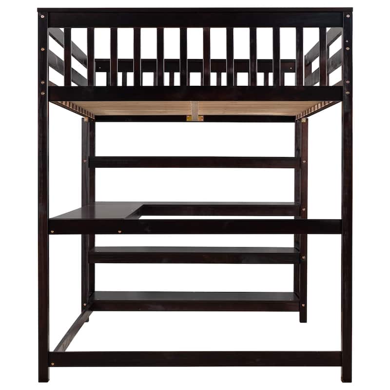 Full Size Loft Bed with Storage Shelves and Under-bed Desk, Espresso - N/A