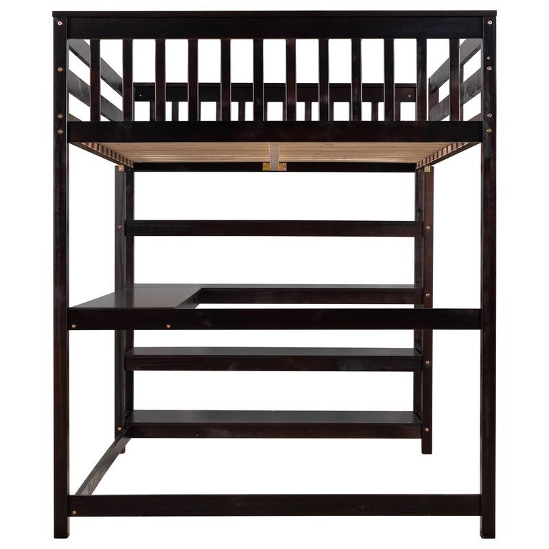 Twin/Full Loft Bed with Desk and Shelves, Wooden Loft Bed for Children's Bedrooms, Small Space, Space-Saving