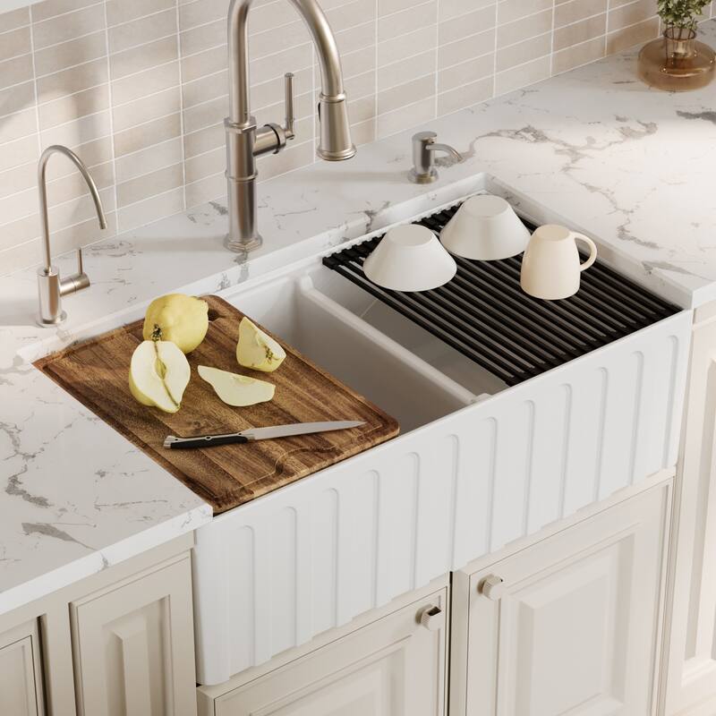 Karran 33" Double Bowl Workstation Fireclay Kitchen Sink with Reversible Fluted Apron Front