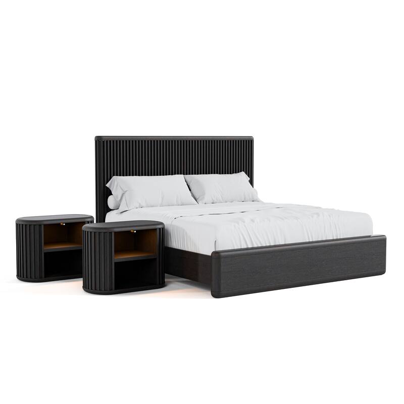 Furniture of America Caelan I Modern 3-Piece Black Solid Wood Fluted Panel Bedroom Set with Motion Light