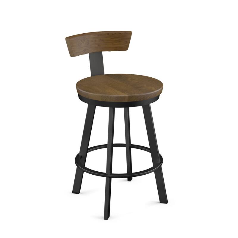 Amisco Astrid 26 in. Swivel Counter Stool with Solid Wood Seat and Backrest - Light Brown Birch Wood / Black Metal
