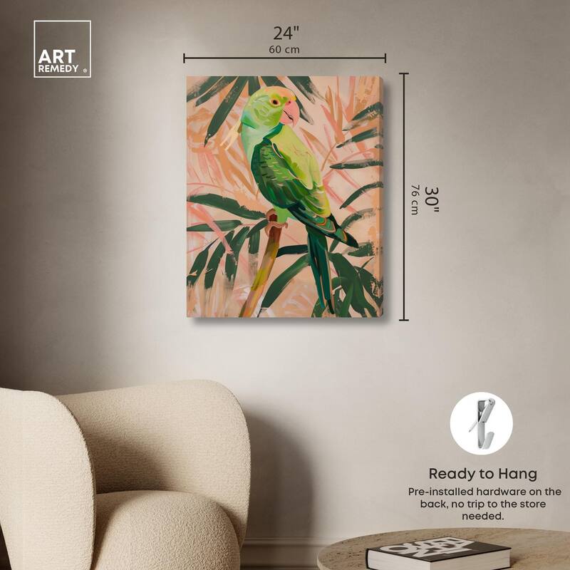 Coral and Green Parrot Canvas by Art Remedy, Gallery Wrapped
