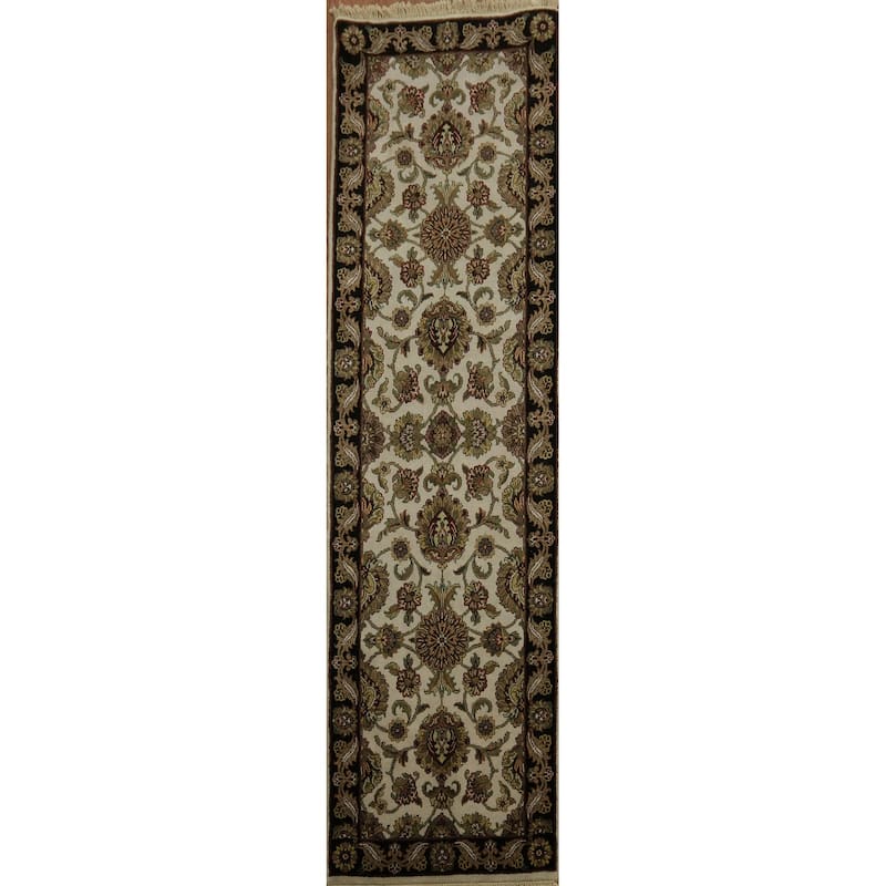 Hand Knotted Oriental 100% Wool Carpet Traditional All-Over Beige & Ivories Agra Runner Rug - 9' 6'' X 2' 6''
