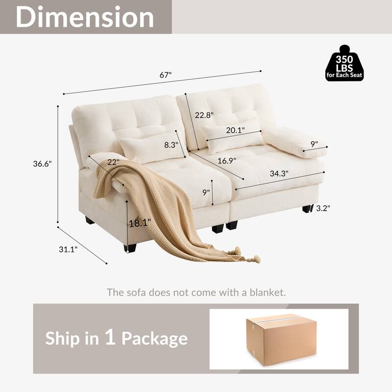GDFStudio - 4-Piece Adjustable Backrest 67" Chenille Loveseat Sofa with 2 Throw Pillows