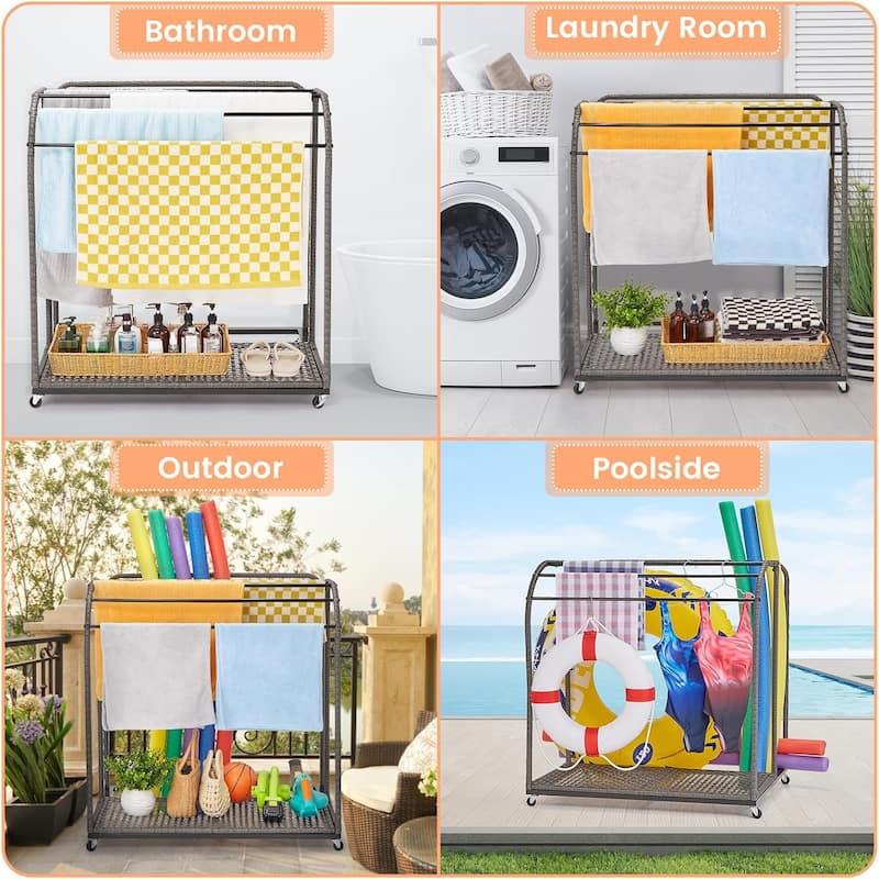 Pool Towel Rack Outdoor with Rattan 5 Bar Free Standing Poolside