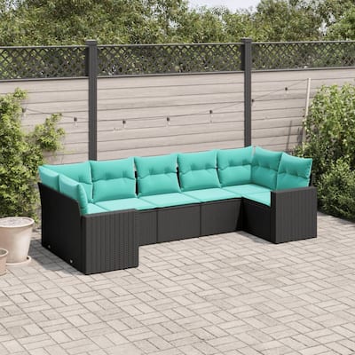 vidaXL 7 Piece Patio Sofa Set with Cushions Black Poly Rattan - 24.4" x 24.4" x 27.2"