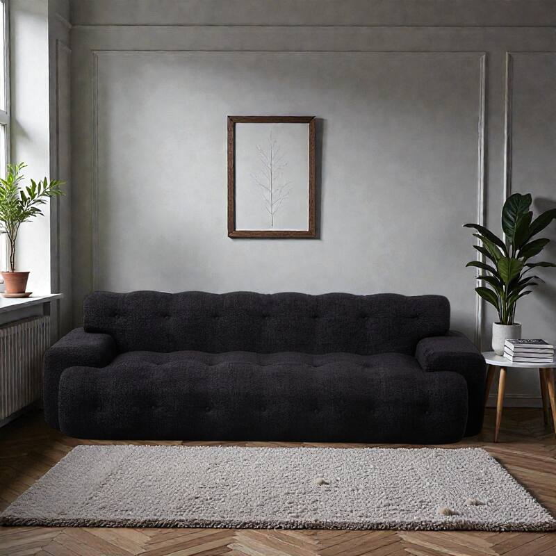 87.4 Inch Cloud Style 3 Seater Sofa, Button Tufted Chenille Upholstered Couch with Square Arms, No Assembly - Black