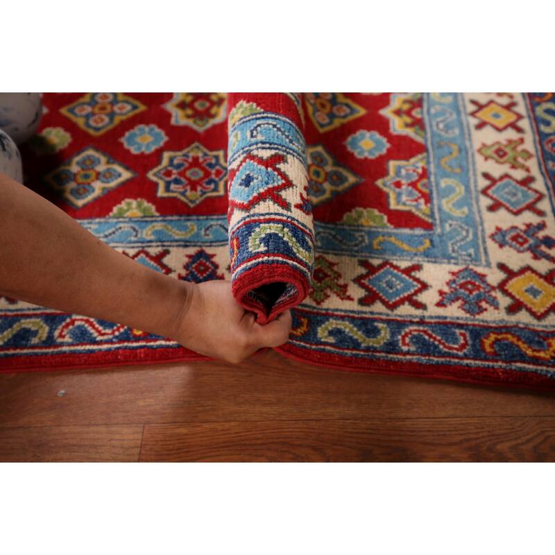 Kazak Accent Rug Hand-Knotted Geometric Red Wool Carpet - 2'8" x 4'1"