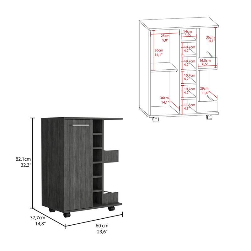 Bar Cart, Four Casters, Six Wine Cubbies, Single Door Cabinet
