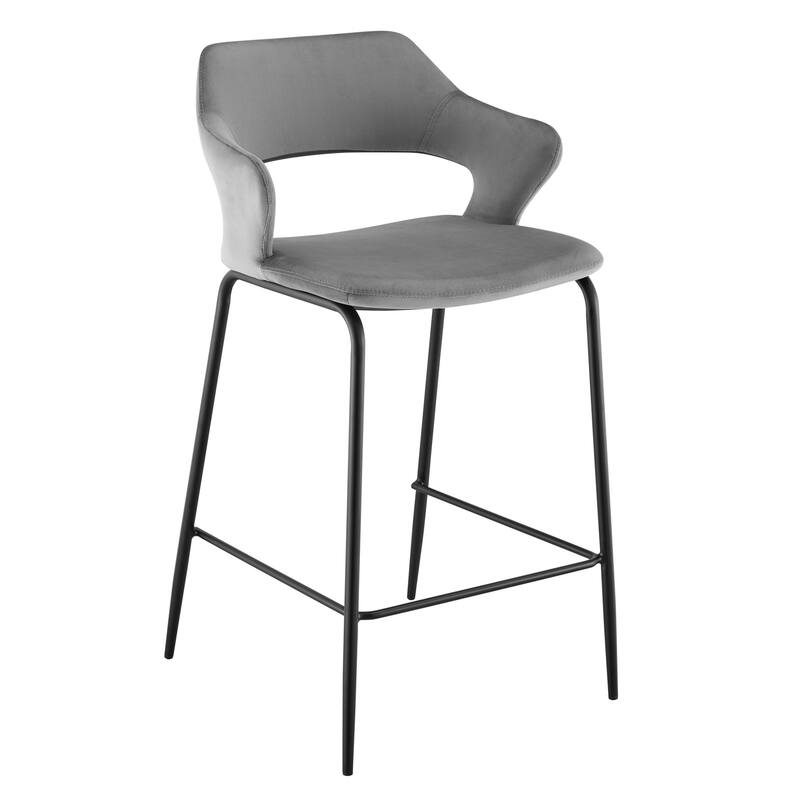 HomeRoots 26" Gray and Black Velvet and Steel Low Back Counter Height Bar Chair
