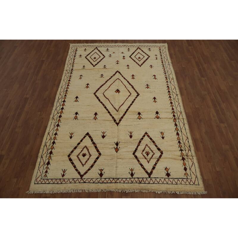 Hand Knotted Oriental 100% Wool Carpet Modern Tribal Beige & Ivories Moroccan Area Rug - 10' 0'' X 6' 4''