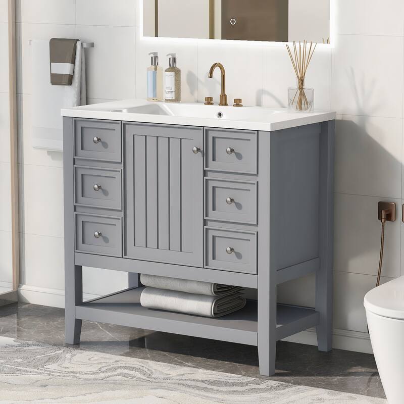 36" Bathroom Vanity with Sink Combo, One Cabinet and Three Drawers, Solid Wood and MDF Board - Grey
