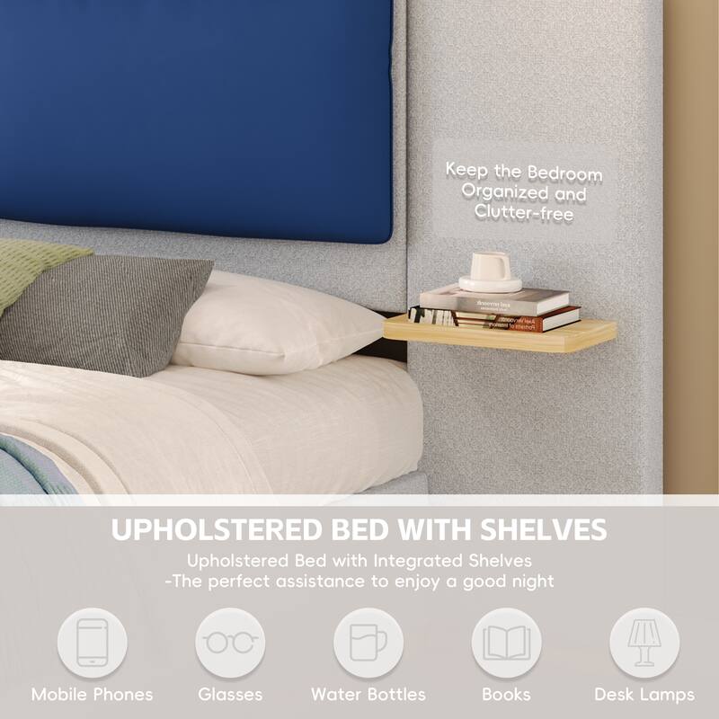 Upholstered Platform Bed Frame with Side Storage Panels, Soft Rounded Corners, Cushioned Headboard & No Box Spring Needed