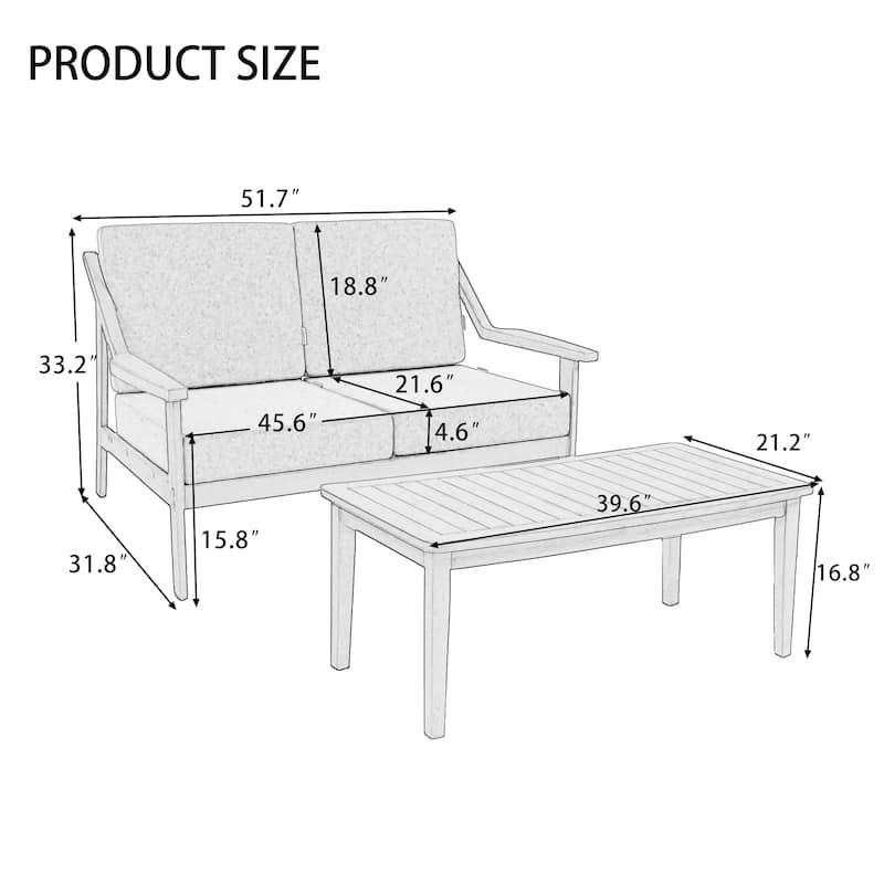 Outdoor Wood Teak Cushioned Patio 2 Seater Loveseat with Coffee Table