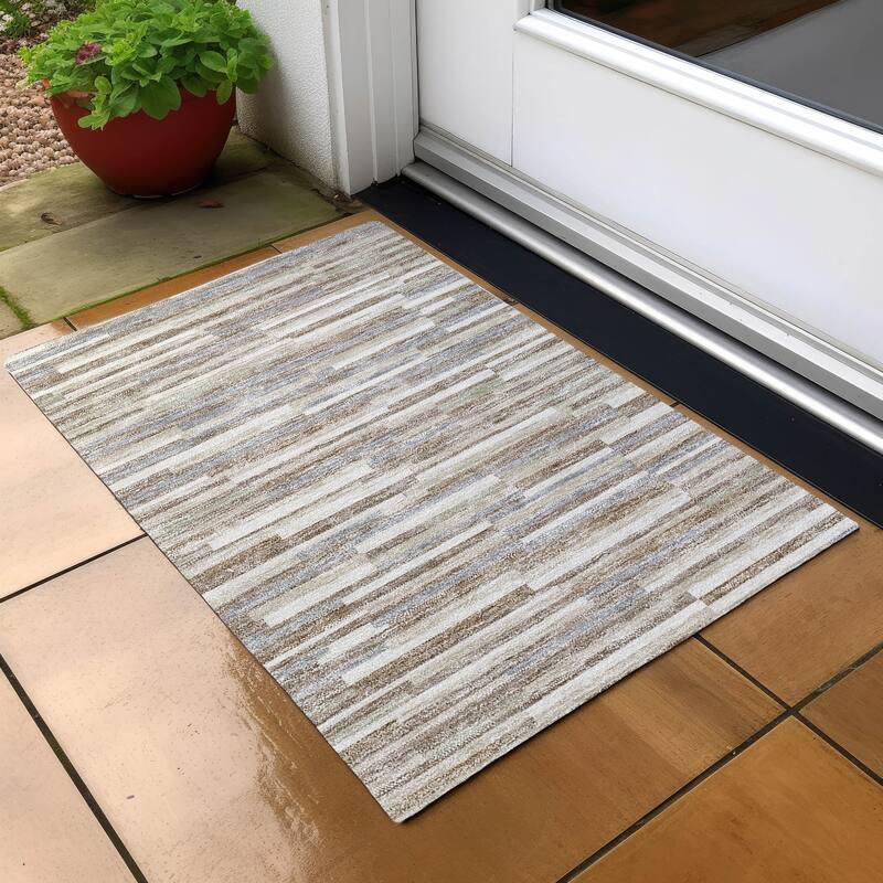 Machine Washable Indoor/ Outdoor Chantille Stripes Modern Rug - Taupe - 1'8" x 2'6"