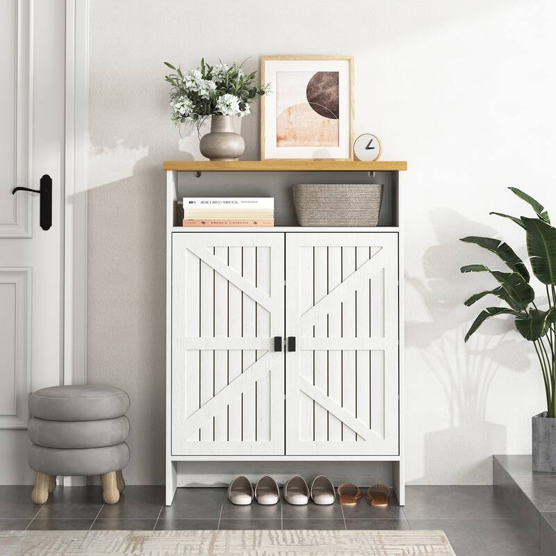 Double Door Wooden Shoe Cabinet, Multifunctional Shoe Organizer, Hidden Shoe Cabinet with Top Shelf and Open Shoe Rack