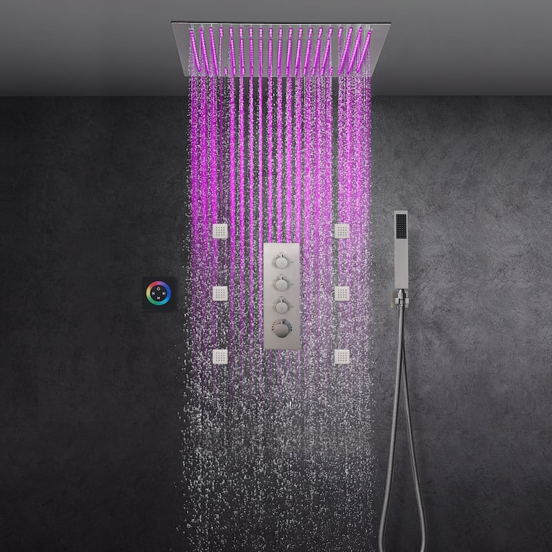 brushed nickel 20 inch 64 LED color light rain head 3 way thermostatic shower - 7'6" x 10'9"