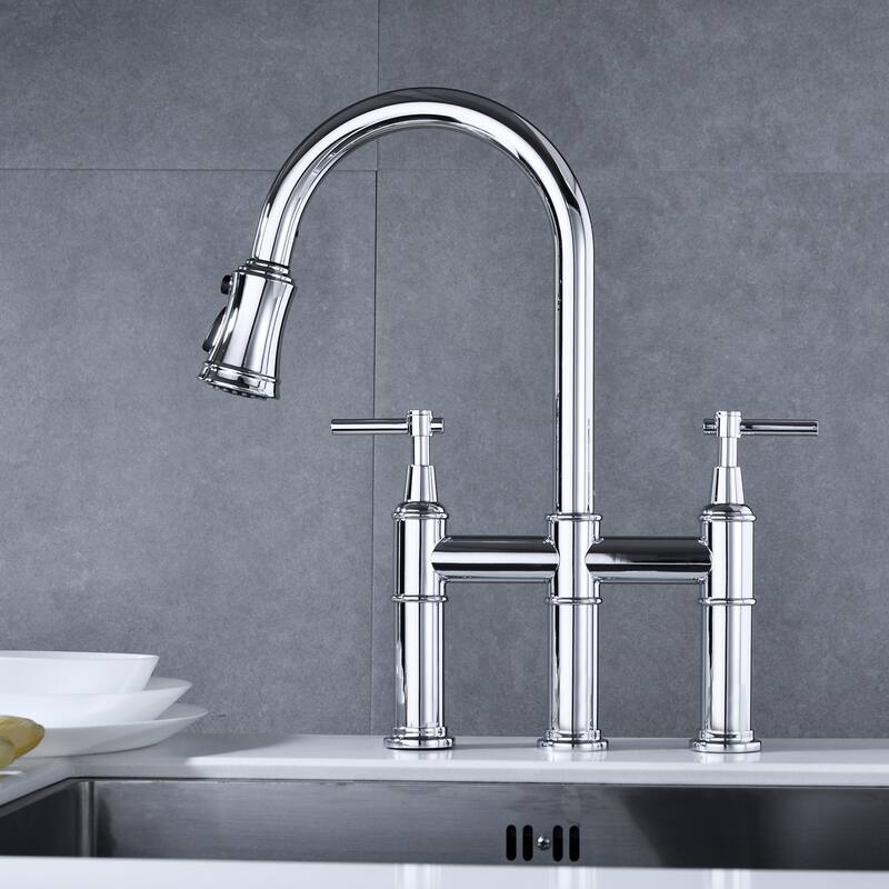 Chrome Bridge Kitchen Faucet with Pull-Down Sprayhead