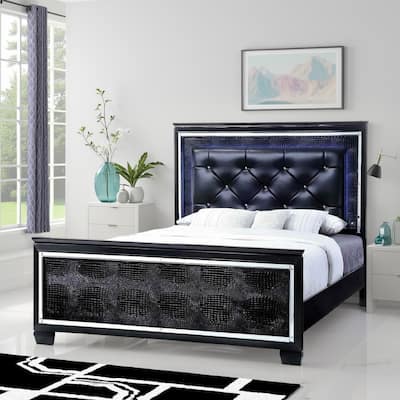 Textured Eastern King Size Bed with Silver Trim Accents, Black
