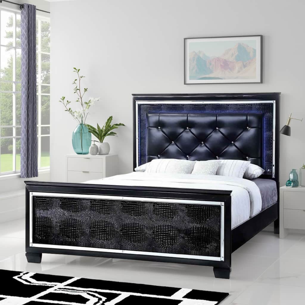 Textured Eastern King Size Bed with Silver Trim Accents, Black