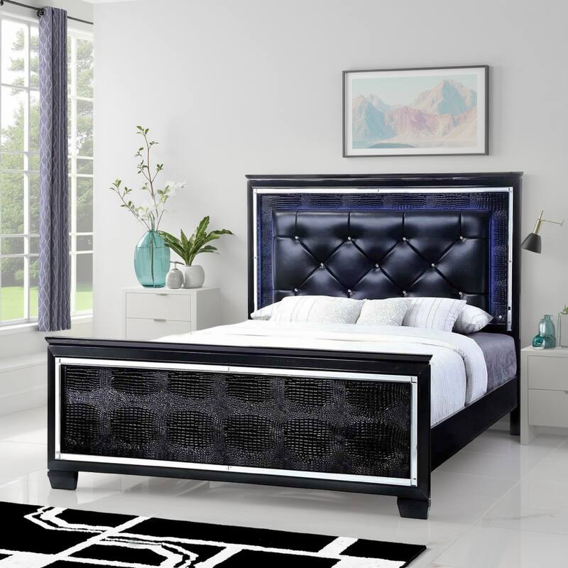 Textured Eastern King Size Bed with Silver Trim Accents, Black