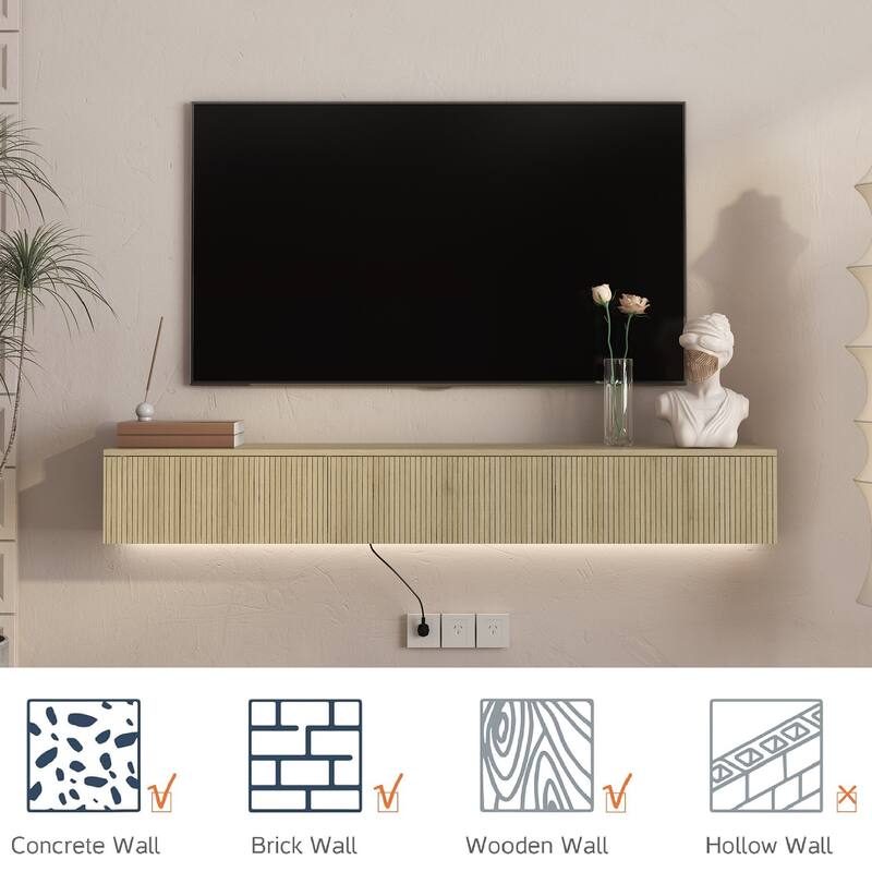 65" Floating TV Stand Wall Mounted with 16 Color LED Lights, Modern TV Cabinet for 55-65 Inch TVs
