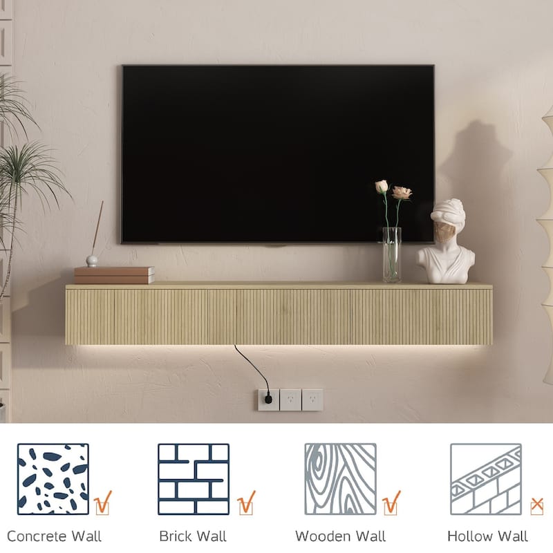 65" Floating TV Stand Wall Mounted with 16 Color LEDs, Modern Fluted TV Stand Entertainment Center for TVs Up to 65"