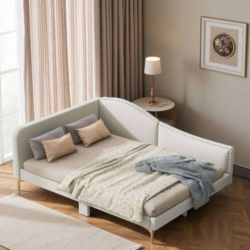 Full Size Upholstered Daybed with Linen Fabric, Headboard & Armrests, Sturdy Wood Frame, Ideal for Guest Rooms