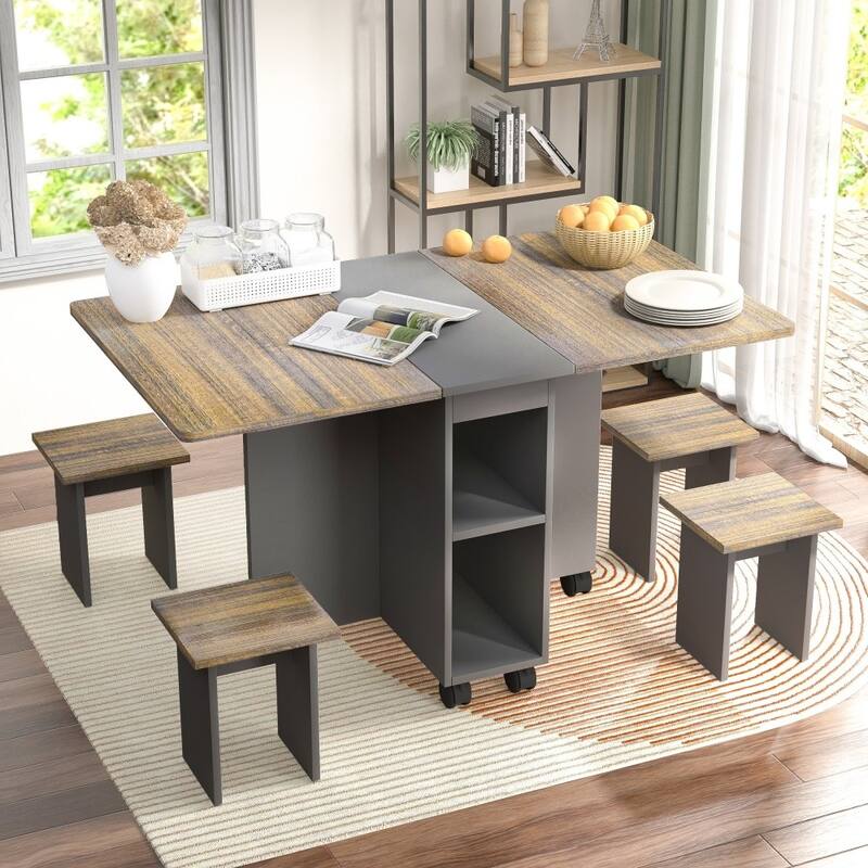 Modern 5-piece Wood Extendable Dining Set with 55'' Drop Leaf Table and 6 Wheels - Brown+Grey