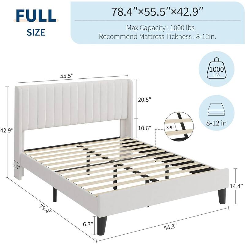 Velvet Upholstered Platform Bed Frame with Tufted Wingback Headboard, No Box Spring Needed
