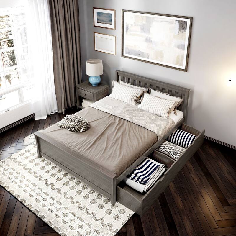 Plank and Beam Queen Bed with Storage Drawers and Slat Headboard