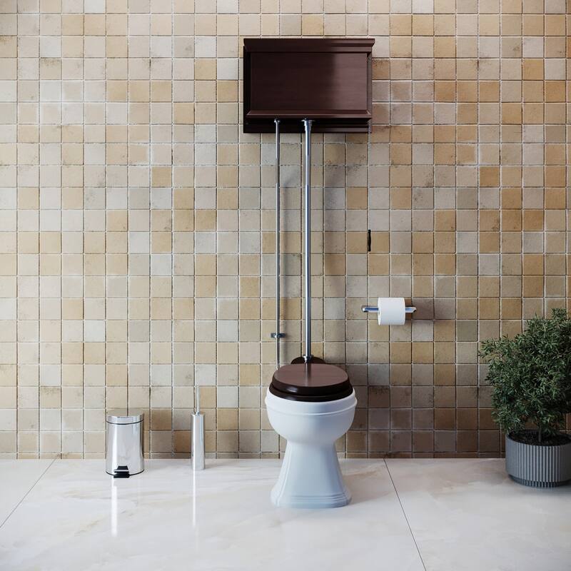 High Tank Toilet - Dark Oak Wooden Flat Tank, Round White Bowl and Satin Z Pipes Renovators Supply