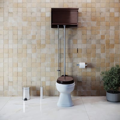 High Tank Toilet - Dark Oak Wooden Flat Tank, Round White Bowl and Satin Z Pipes Renovators Supply