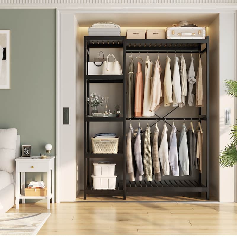 Bamboo Closet System Clothes Rack, Large Freestanding Garment Rack Clothing Rack for Hanging Clothes