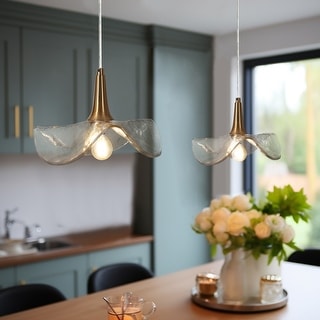 Modern Gold 1-Light Pendant Light with Textured Glass for Kitchen Island Bedroom - D11" x H67.9" Max