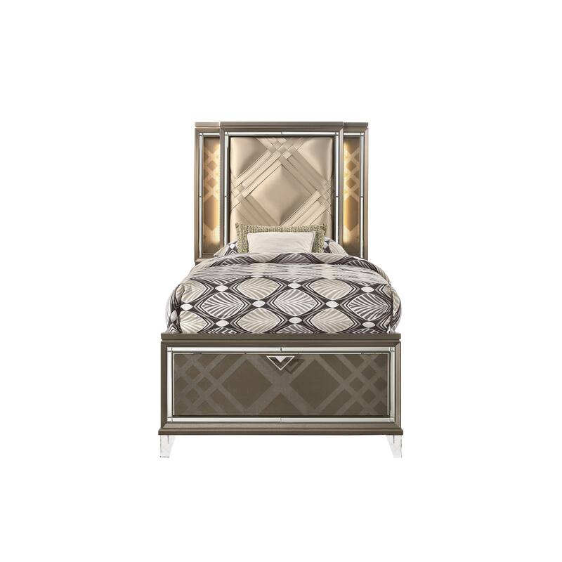 Wood Bed with Champagne Leatherette Geometric Padded Headboard and LED Lighting