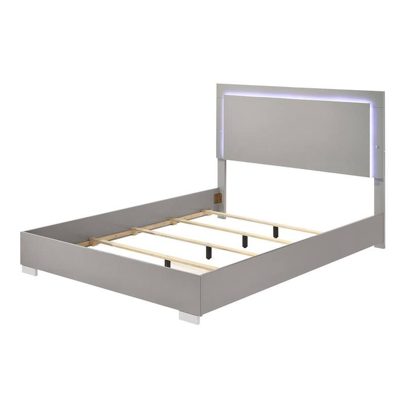 King Size Piano LED Platform Bed with Chrome Accents and Vertical Handles and UV Finish Headboard